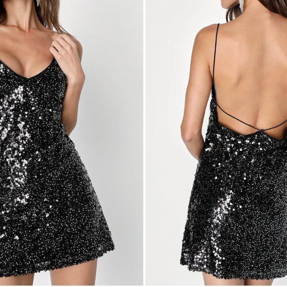 Lulus: Black backless sequin mini dress - Picture 1 of 4